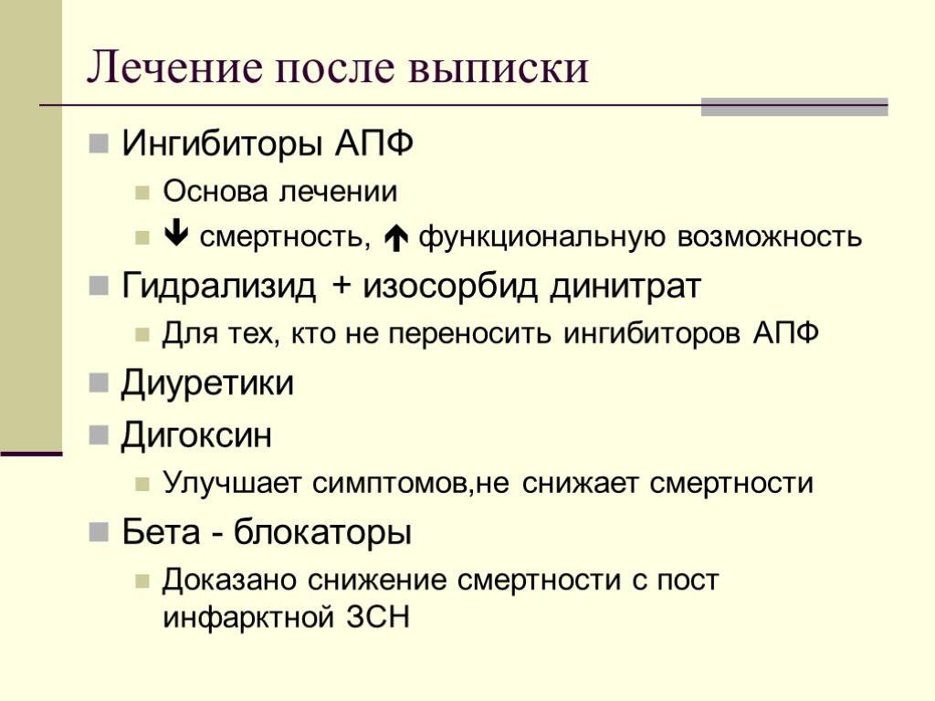 Лечение после выписки Ингибиторы АПФ Основа лечении  смертность,  функциональную возможность Гидрализид +